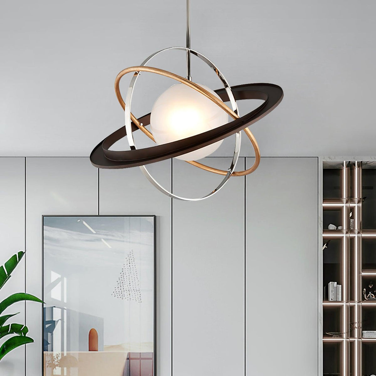 Apogee Modern Glass Pendant Light with Orbital Metal Rings