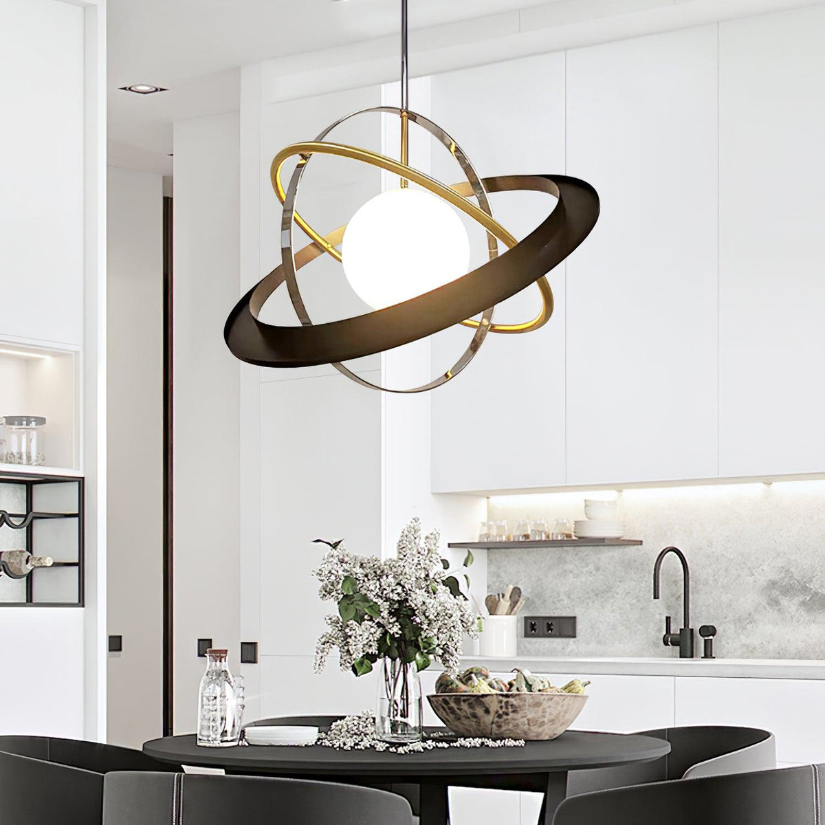 Apogee Modern Glass Pendant Light with Orbital Metal Rings