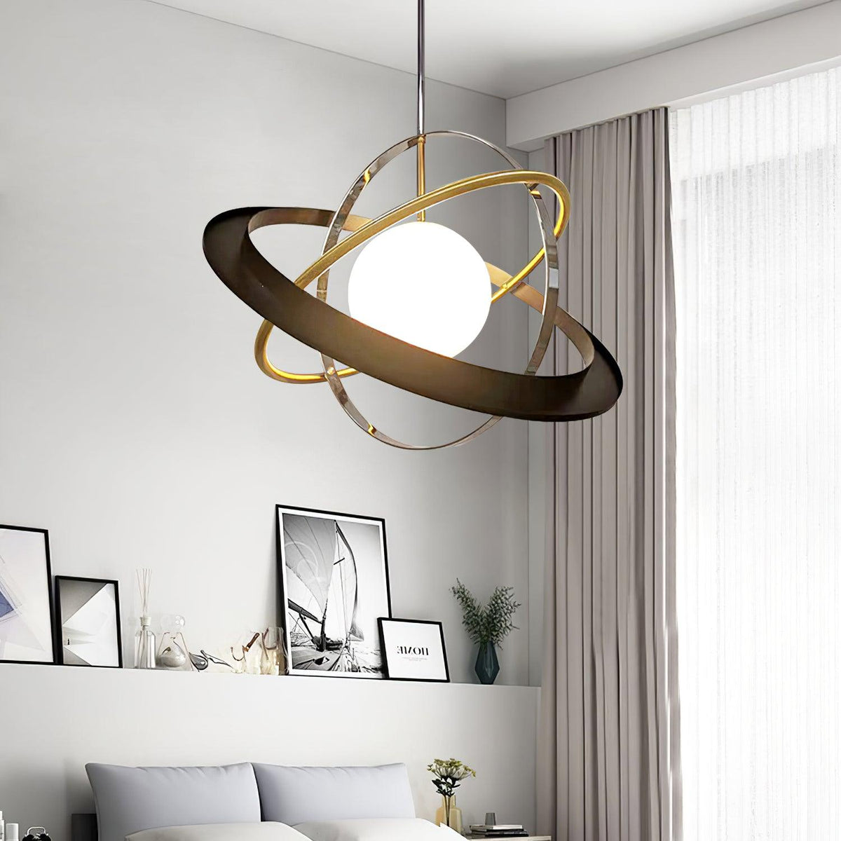 Apogee Modern Glass Pendant Light with Orbital Metal Rings