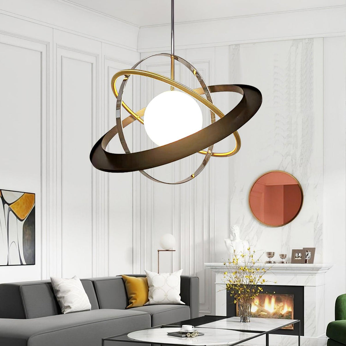 Apogee Modern Glass Pendant Light with Orbital Metal Rings