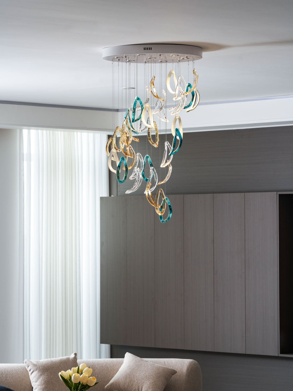 Aqua Ripple Hand-Blown Glass Art Chandelier | Custom Designer Lighting