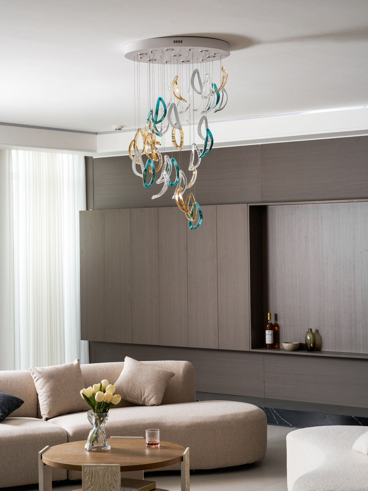 Aqua Ripple Hand-Blown Glass Art Chandelier | Custom Designer Lighting
