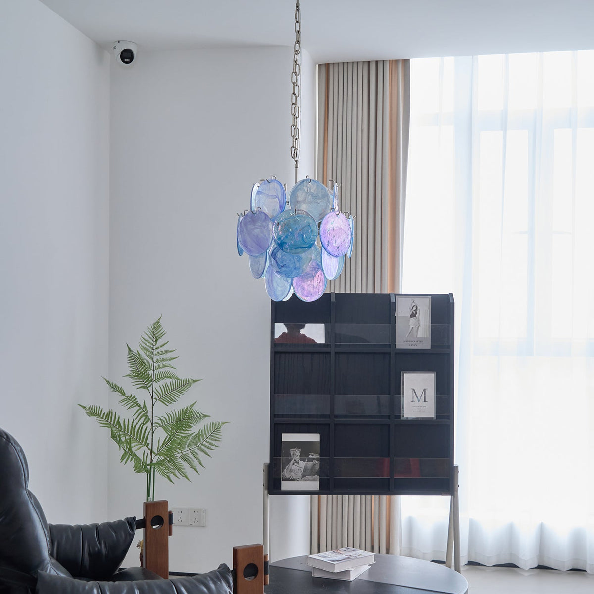 Aqua Blue Glass Disc Chandelier | Modern Murano-Style Pendant Light for Dining Room and Living Room