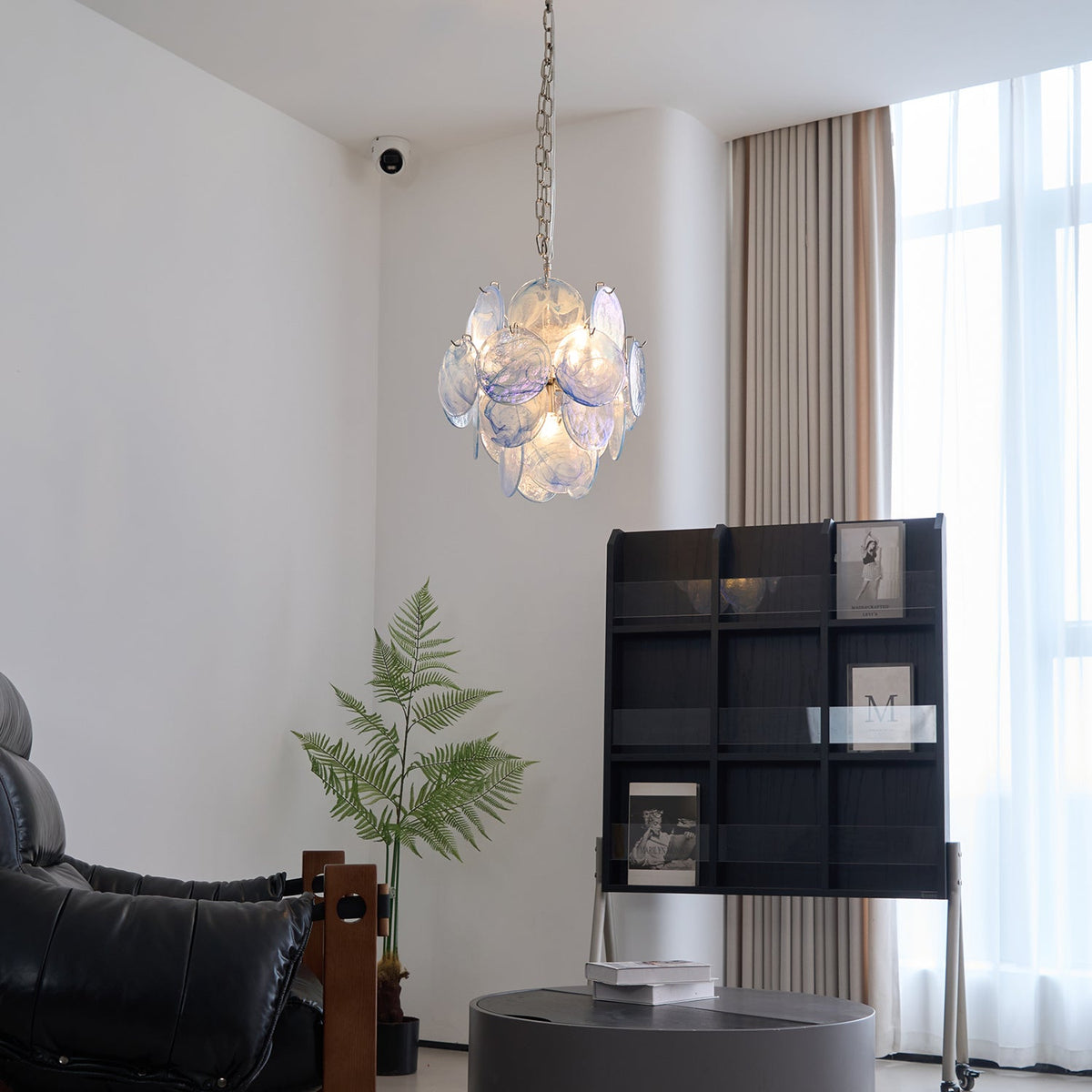 Aqua Blue Glass Disc Chandelier | Modern Murano-Style Pendant Light for Dining Room and Living Room