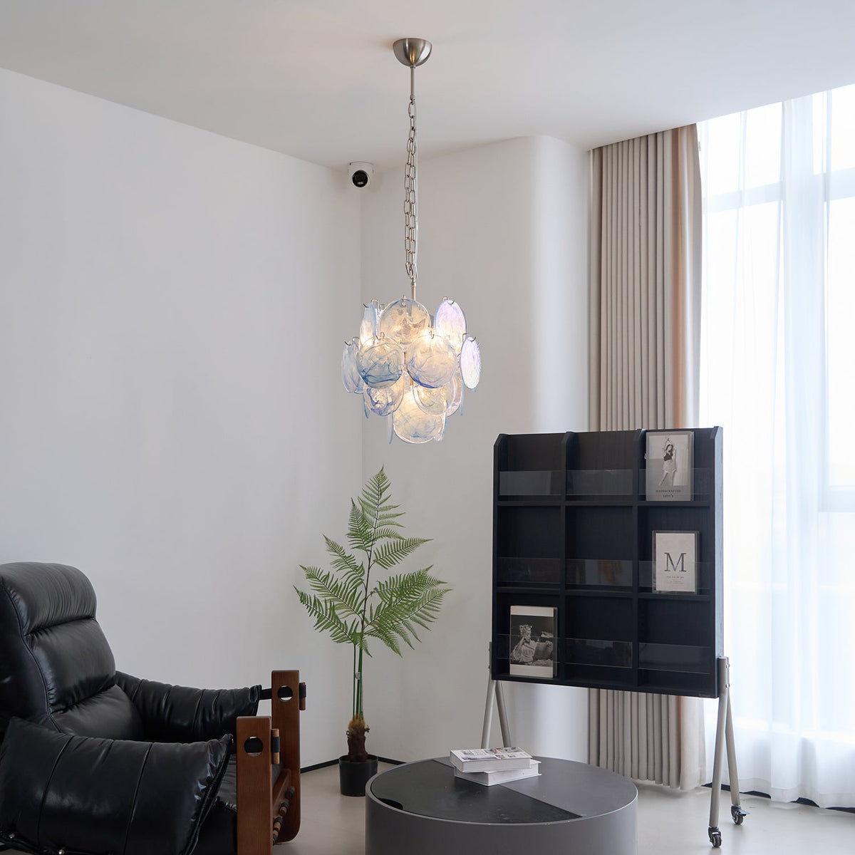 Aqua Blue Glass Disc Chandelier | Modern Murano-Style Pendant Light for Dining Room and Living Room