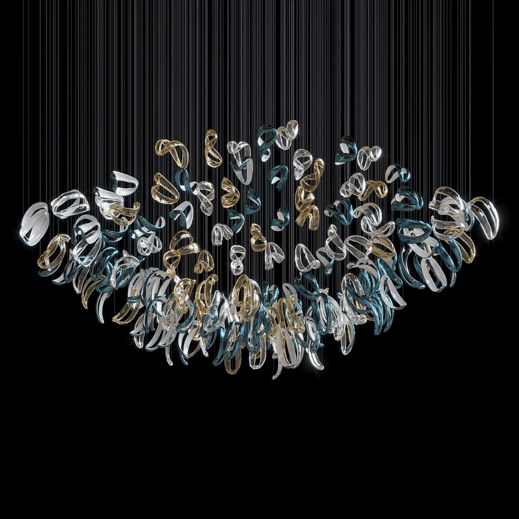 Aqua Ripple Hand-Blown Glass Art Chandelier | Custom Designer Lighting