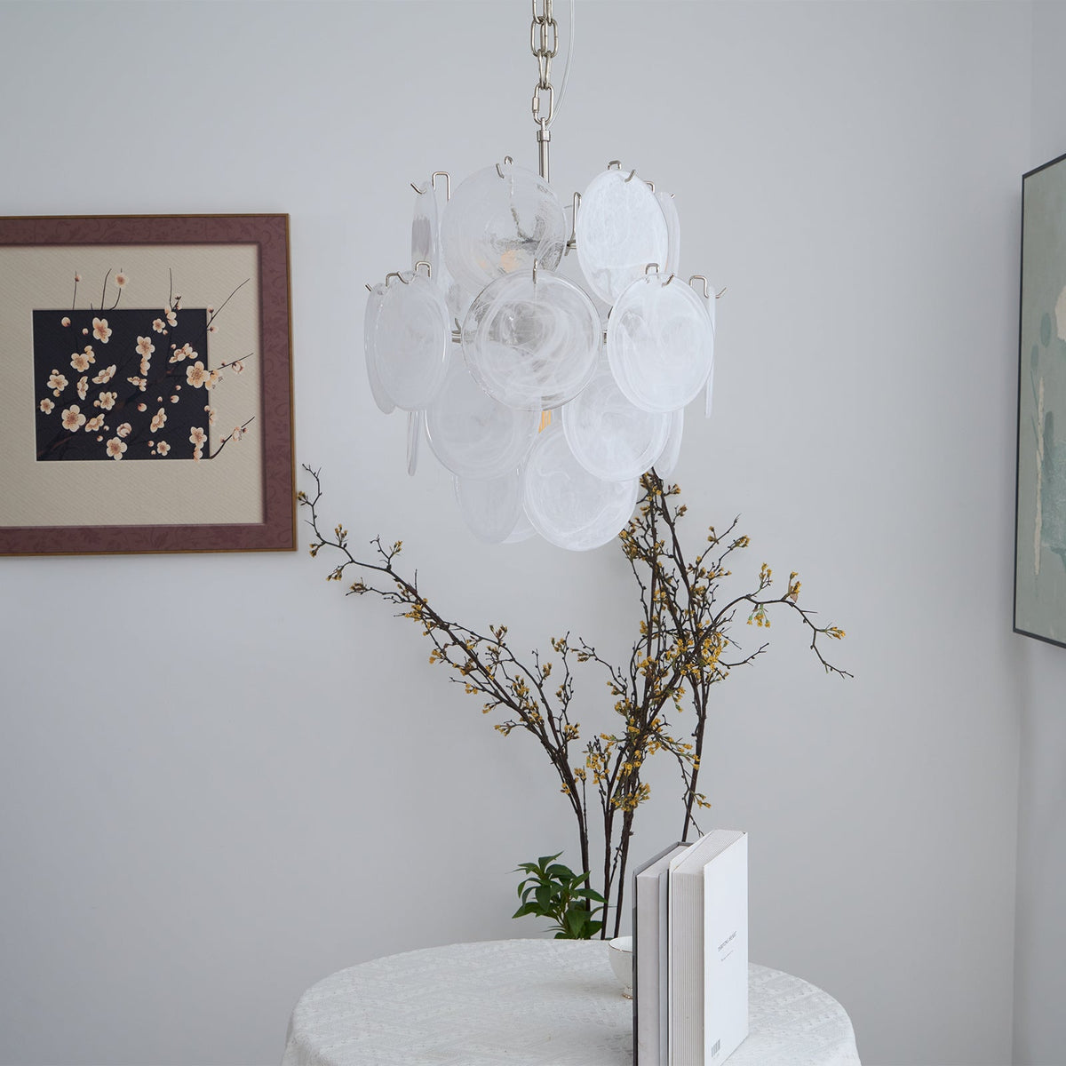 Aqua White Glass Disc Chandelier for Dining Room and Living Room