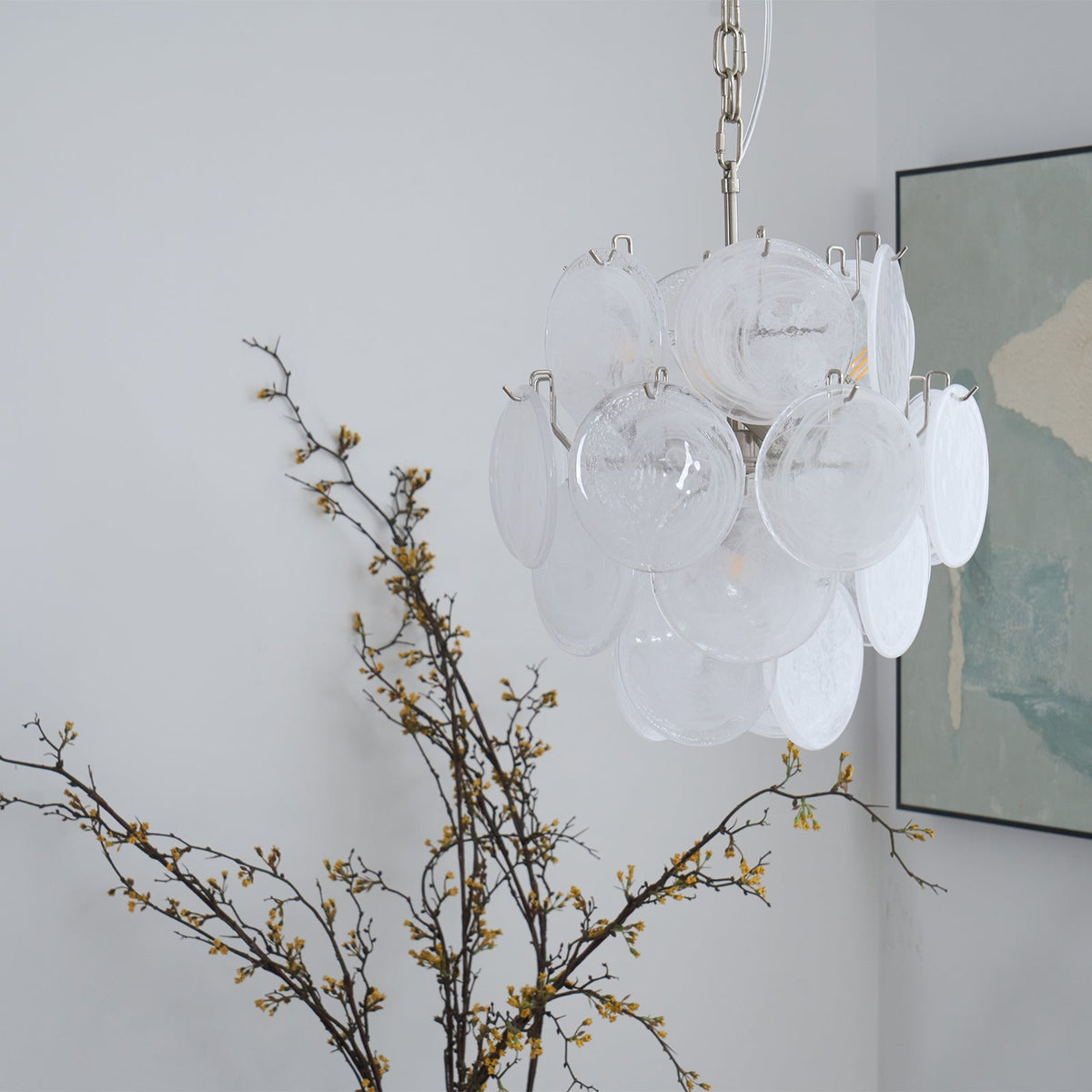 Aqua White Glass Disc Chandelier for Dining Room and Living Room