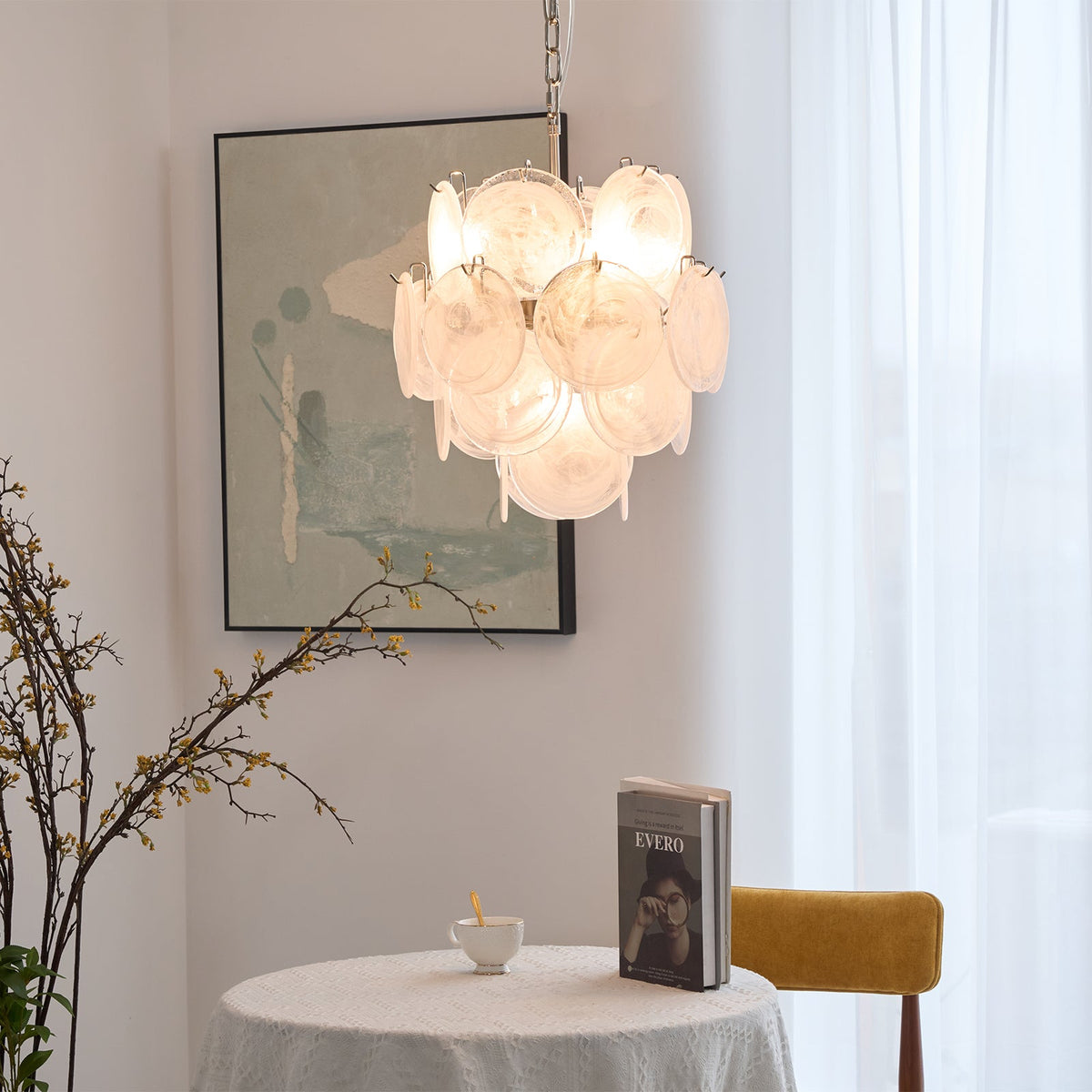Aqua White Glass Disc Chandelier for Dining Room and Living Room