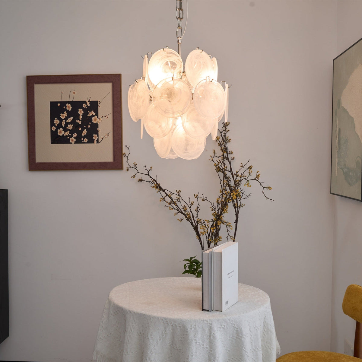 Aqua White Glass Disc Chandelier for Dining Room and Living Room