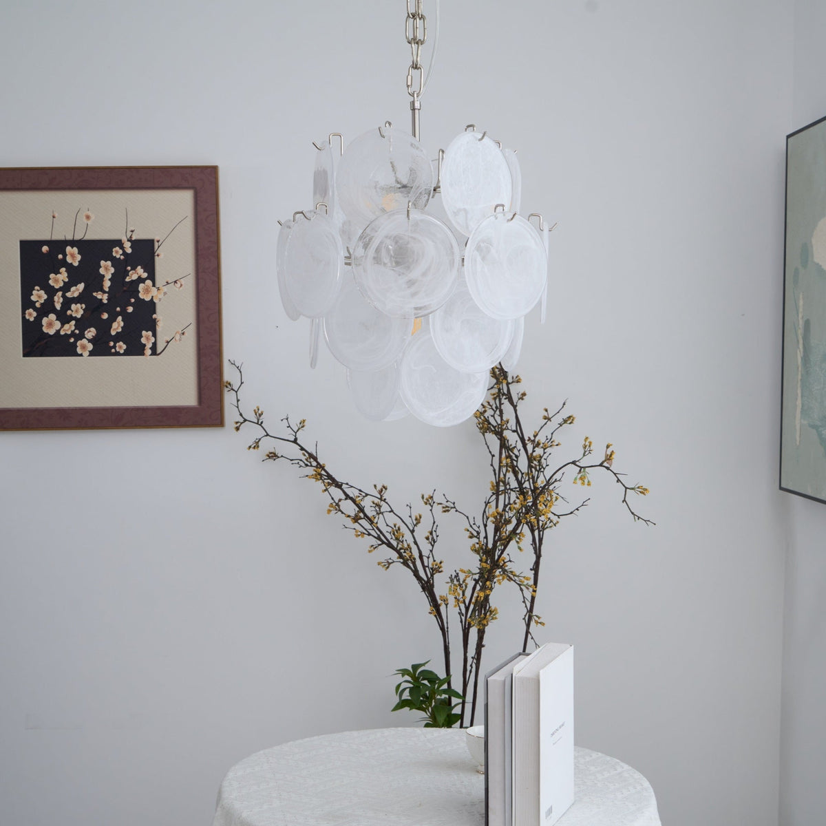 Aqua White Glass Disc Chandelier for Dining Room and Living Room