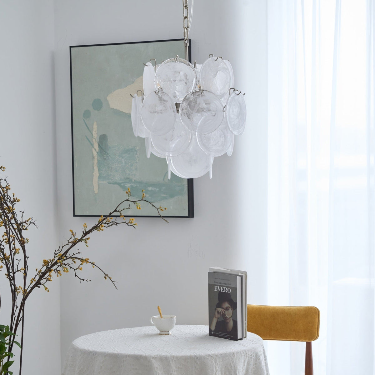 Aqua White Glass Disc Chandelier for Dining Room and Living Room