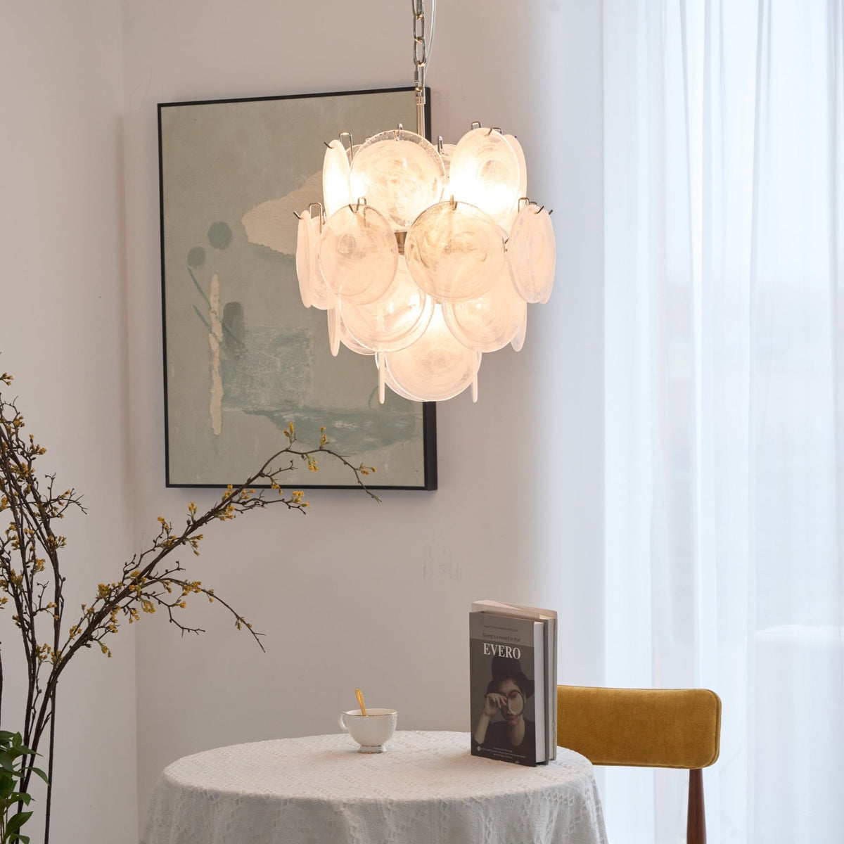 Aqua White Glass Disc Chandelier for Dining Room and Living Room