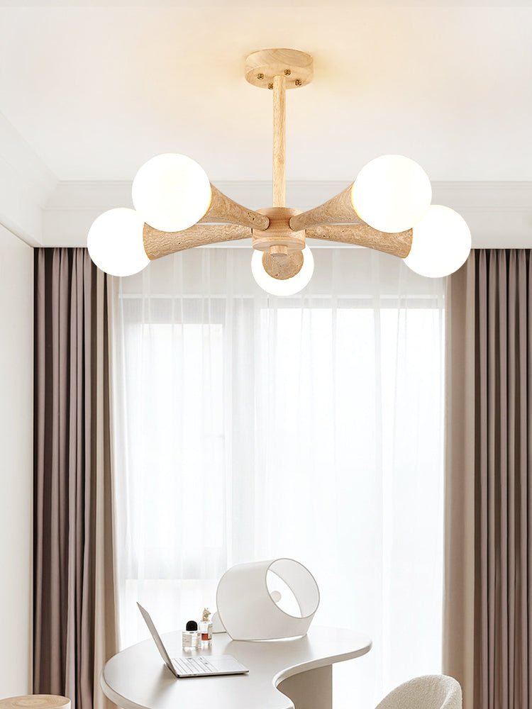 Arbor Travertine Chandelier | Natural Stone & Wood Pendant Light for Dining Room