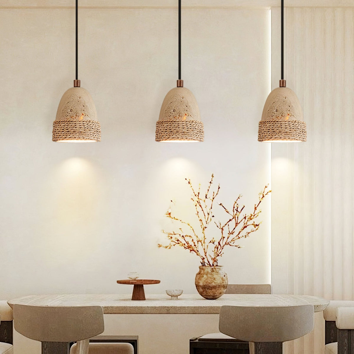 Arbor Nest Travertine Pendant Light with Rattan Accent