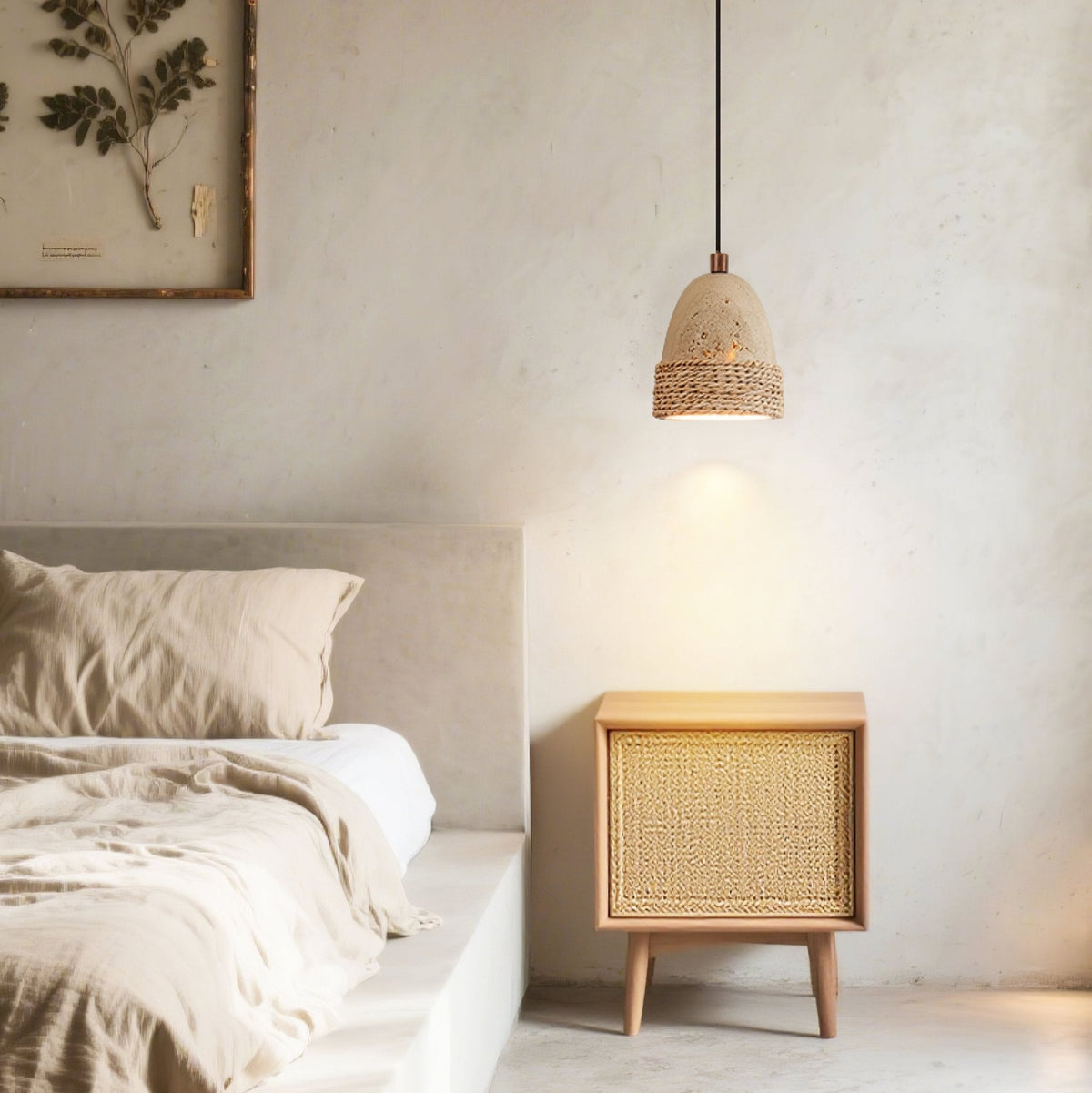 Arbor Nest Travertine Pendant Light with Rattan Accent