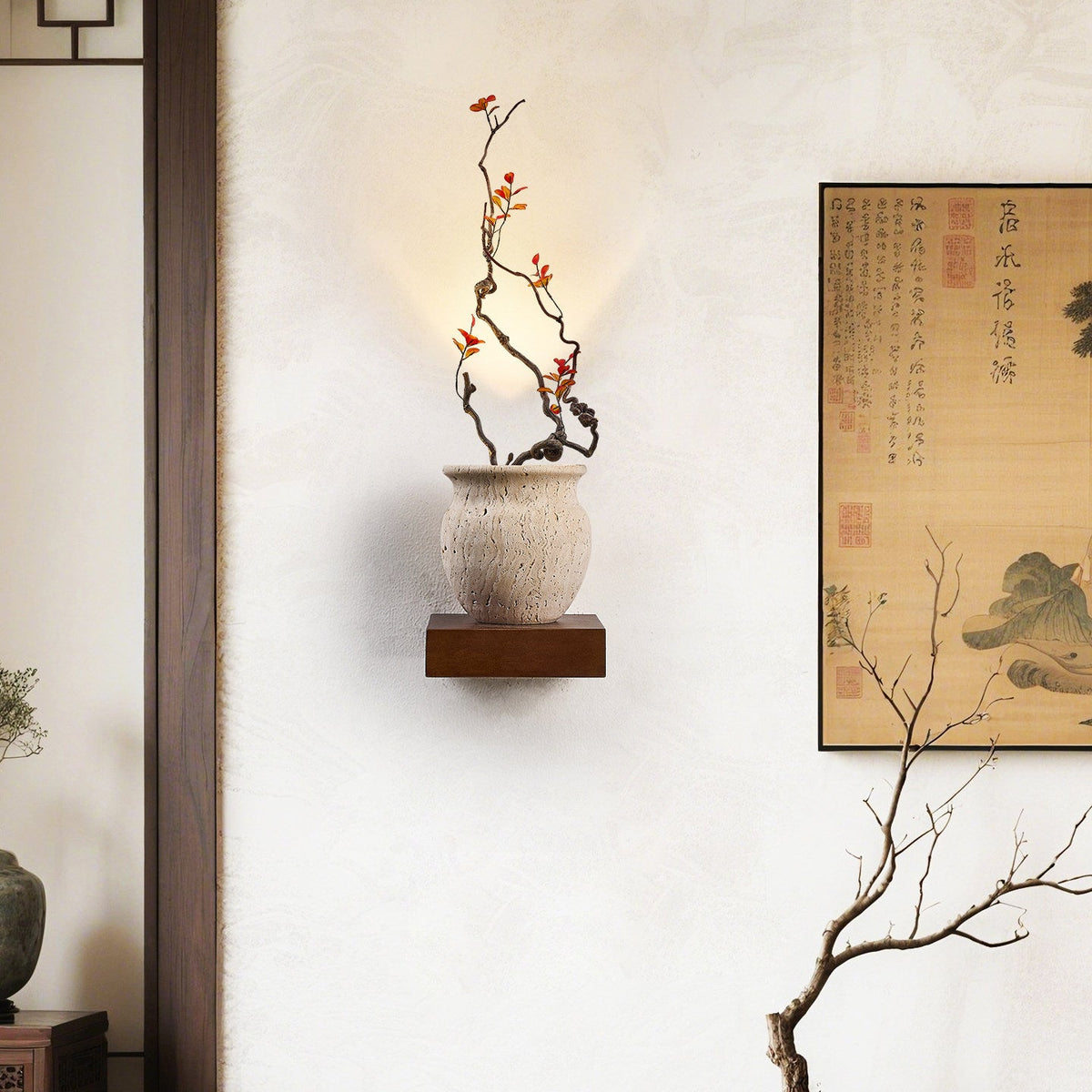 Arbor Sculptural Wall Sconce in Yellow Travertine and Wood
