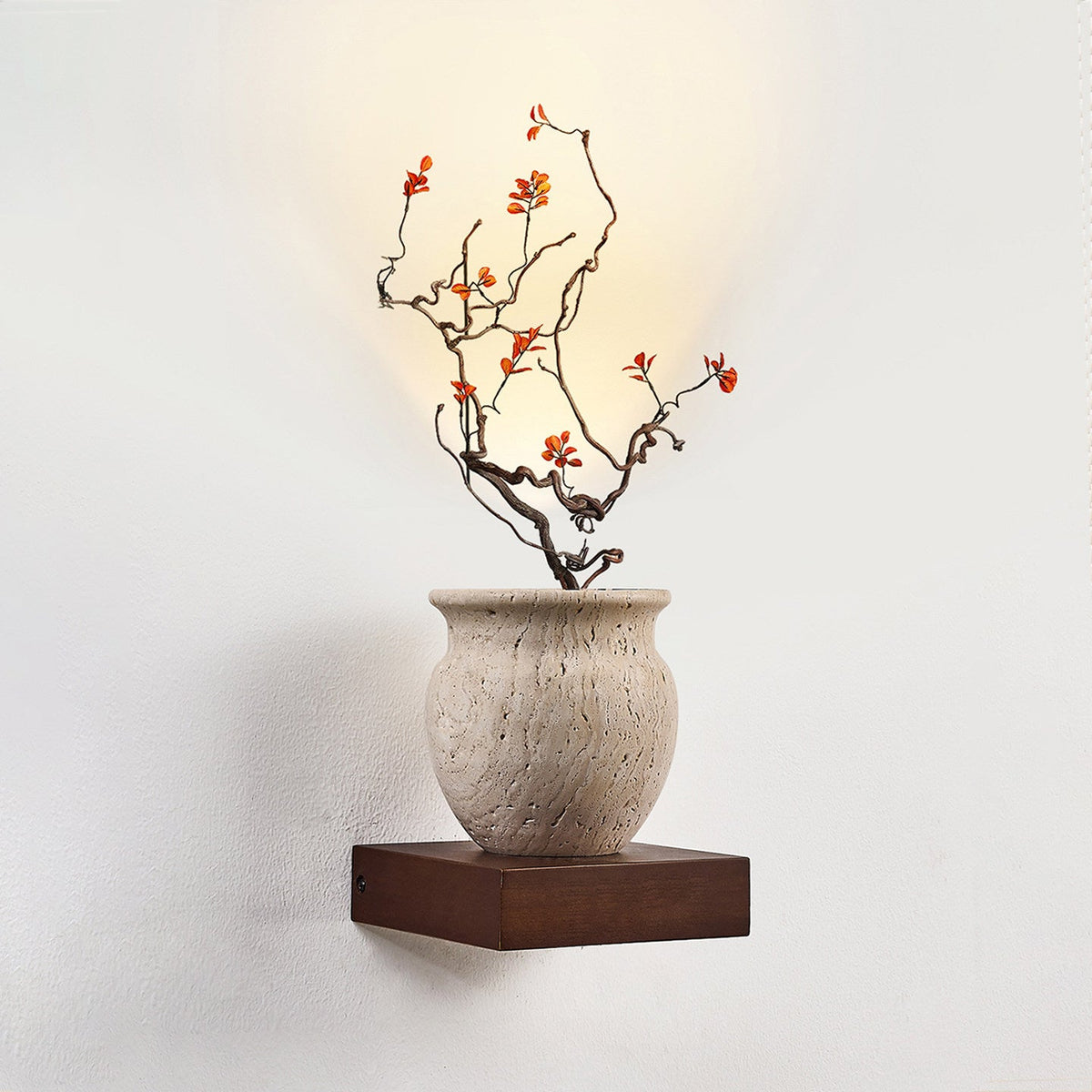 Arbor Sculptural Wall Sconce in Yellow Travertine and Wood
