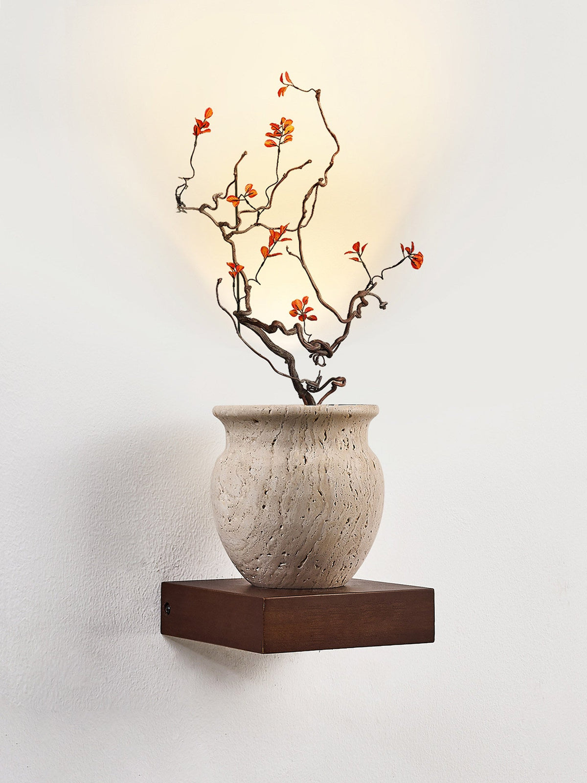 Arbor Sculptural Wall Sconce in Yellow Travertine and Wood