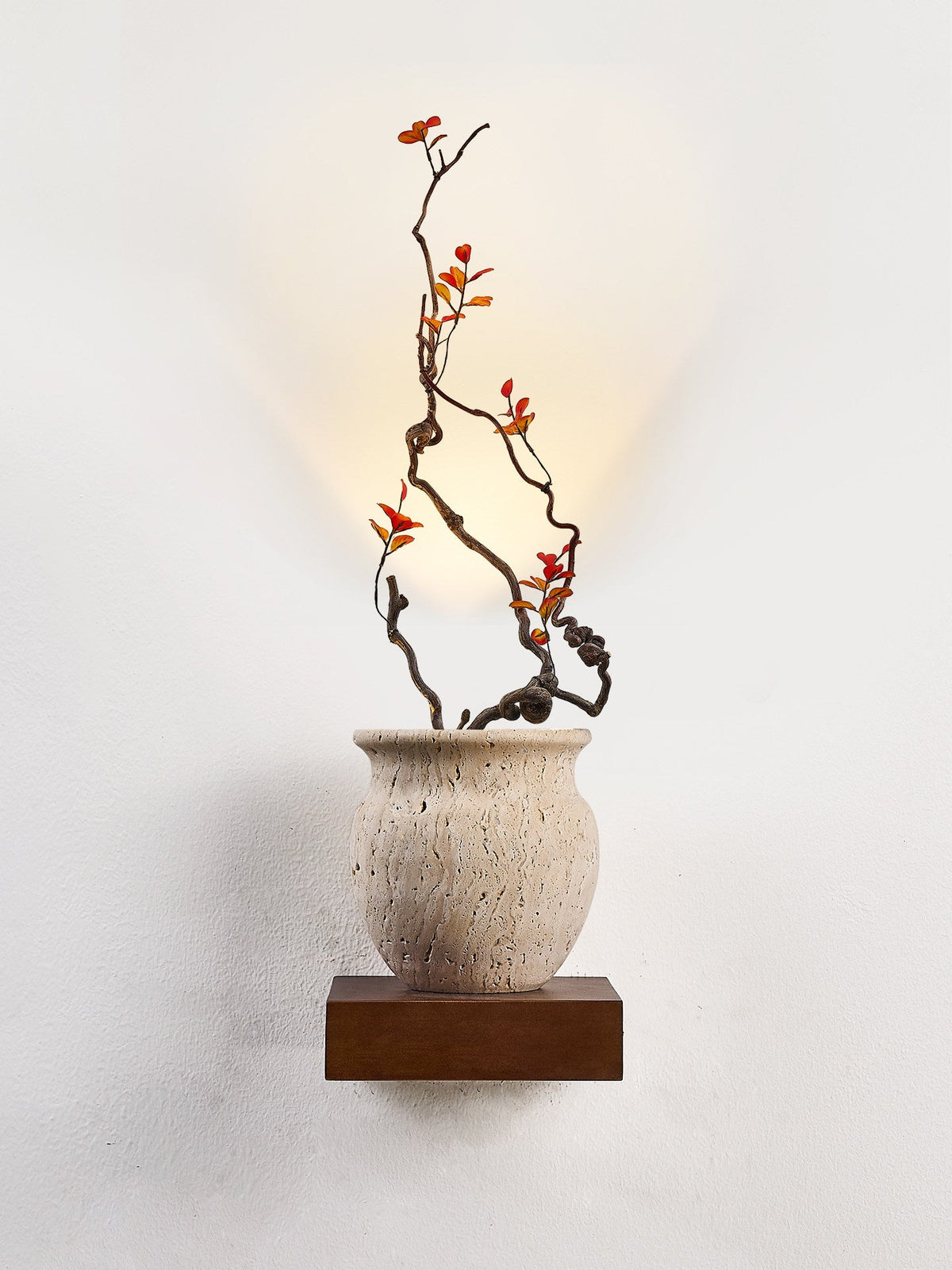 Arbor Sculptural Wall Sconce in Yellow Travertine and Wood