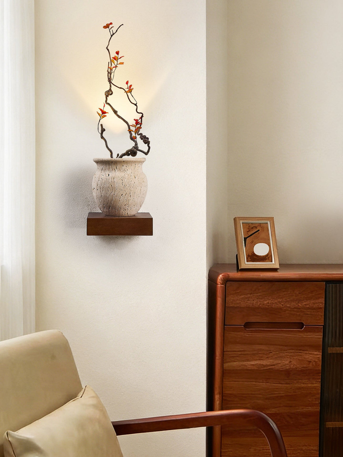 Arbor Sculptural Wall Sconce in Yellow Travertine and Wood