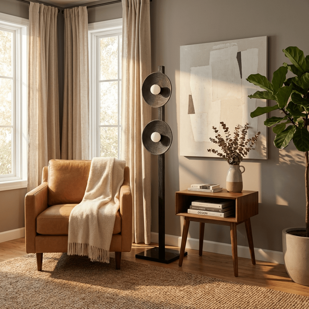 Arbor Twin Disc Floor Lamp — Sculptural Wooden Designer Floor Light
