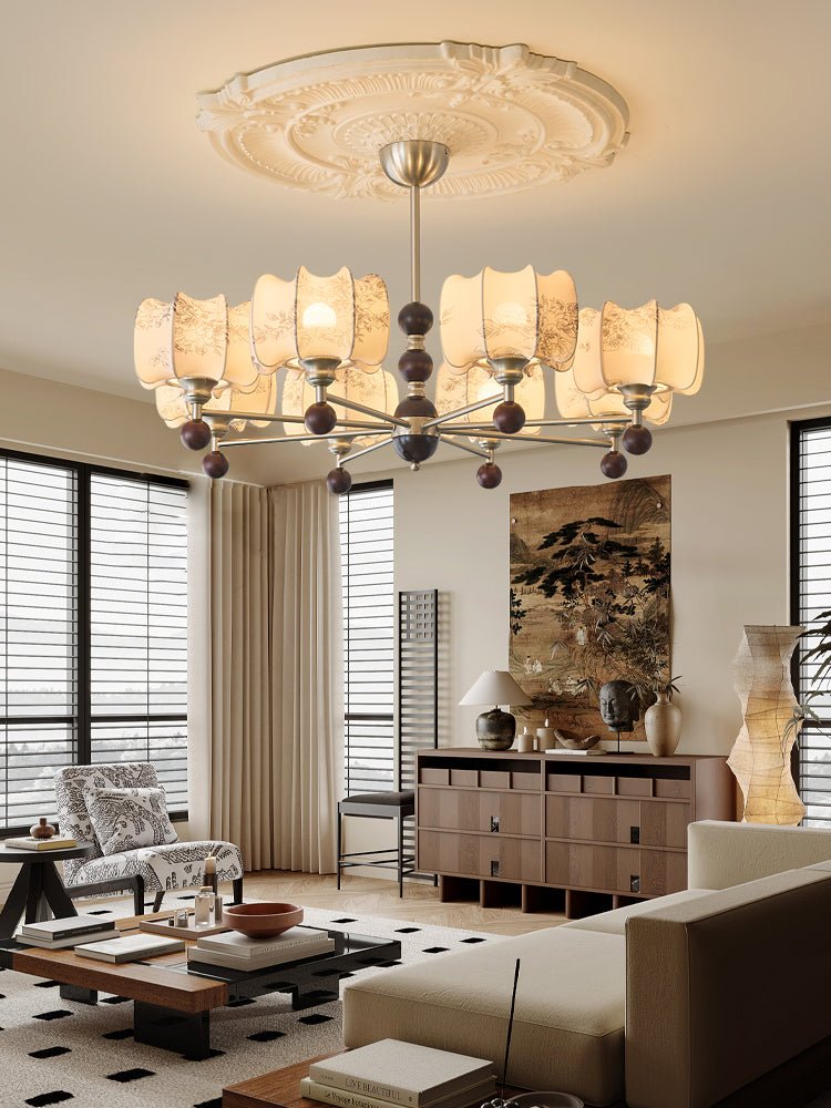 Arboris Floral Chandelier – Designer Fabric Pendant Light with Wood Accents