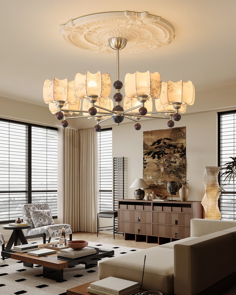 Arboris Floral Chandelier – Designer Fabric Pendant Light with Wood Accents