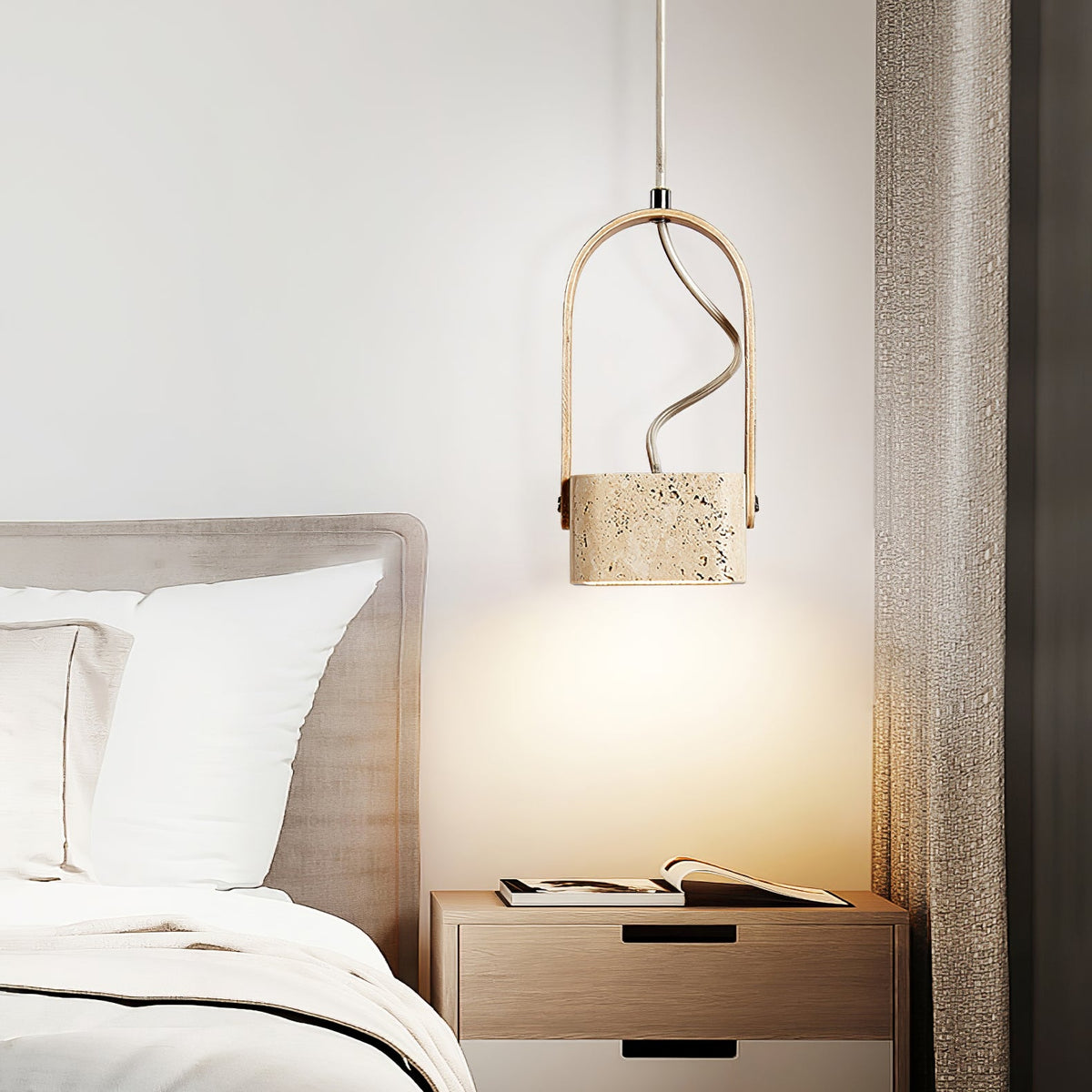 Arcello Pendant Light in Oak and Travertine | Sculptural Modern Pendant
