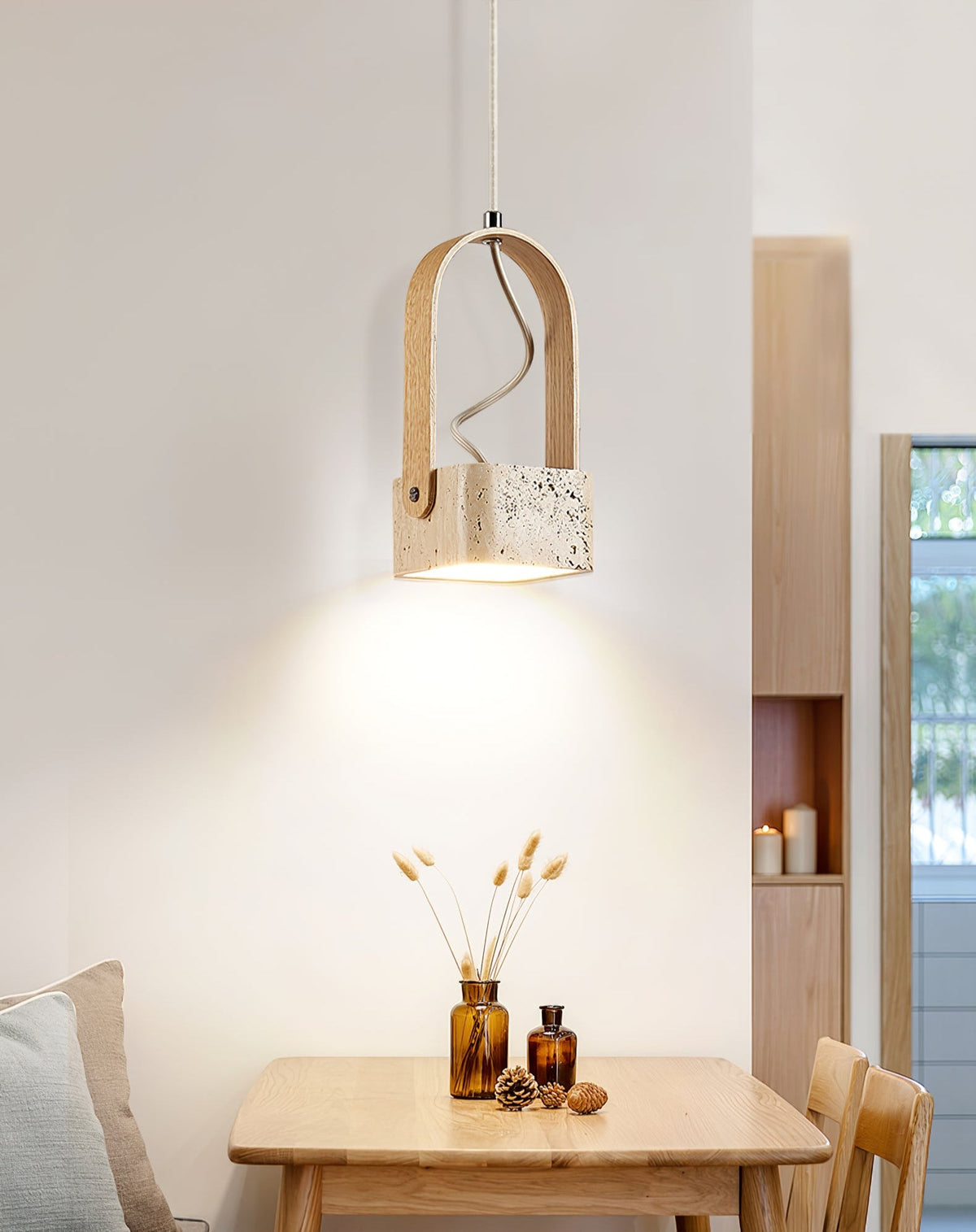 Arcello Pendant Light in Oak and Travertine | Sculptural Modern Pendant