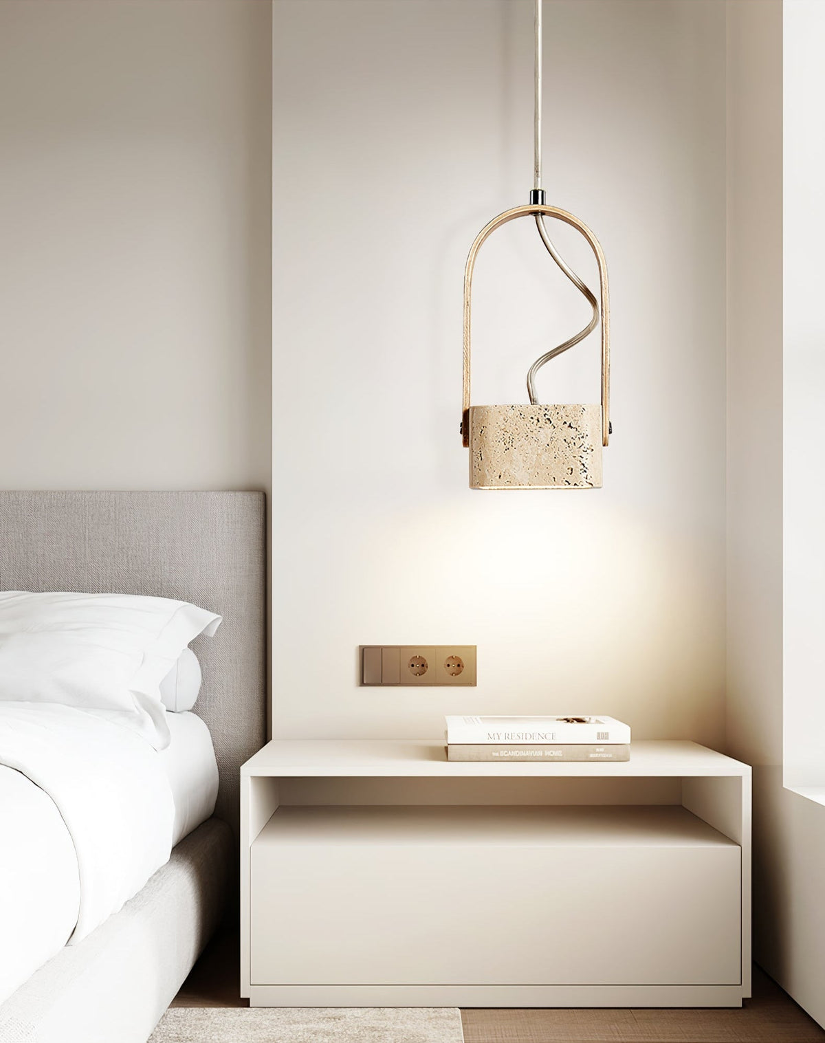 Arcello Pendant Light in Oak and Travertine | Sculptural Modern Pendant