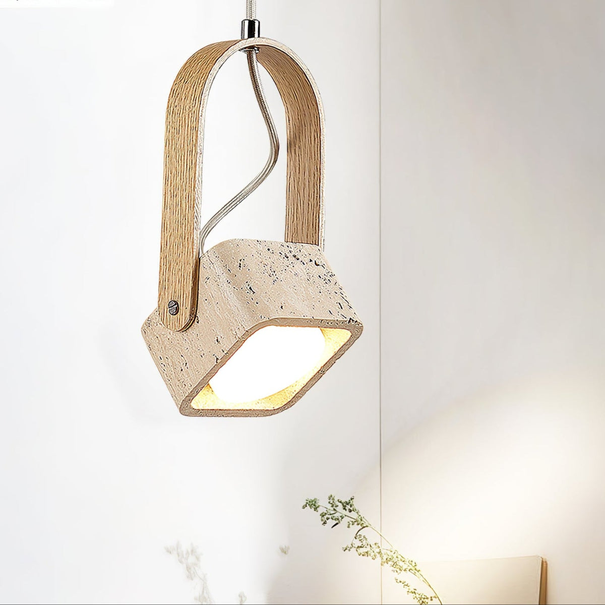 Arcello Pendant Light in Oak and Travertine | Sculptural Modern Pendant