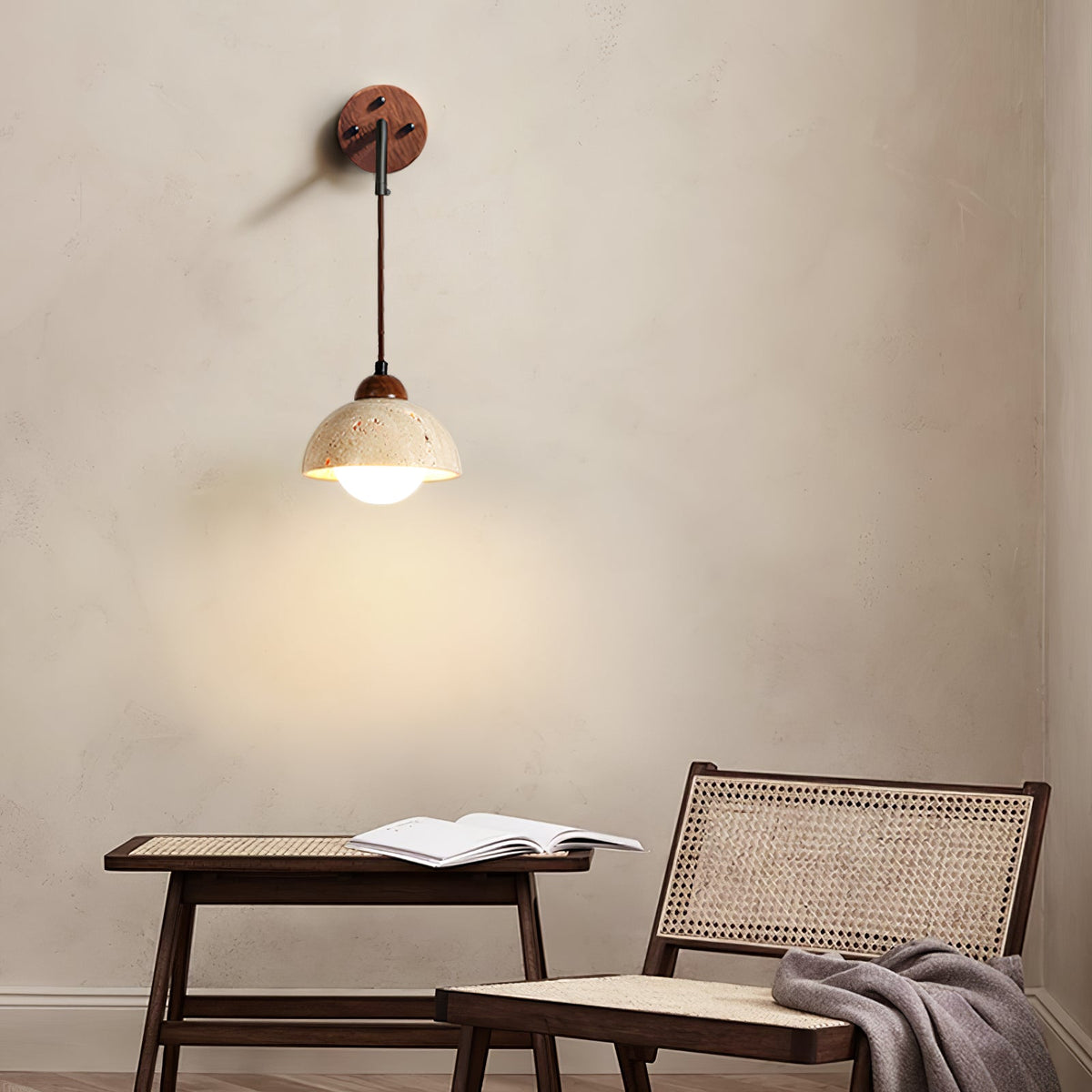 Arched Travertine Wall Sconce with Walnut Accents