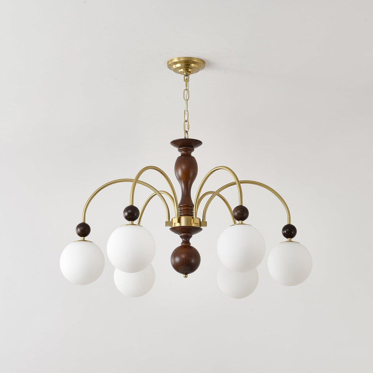 Archway Walnut Chandelier with Frosted Glass Shades for Dining Room and Living Room