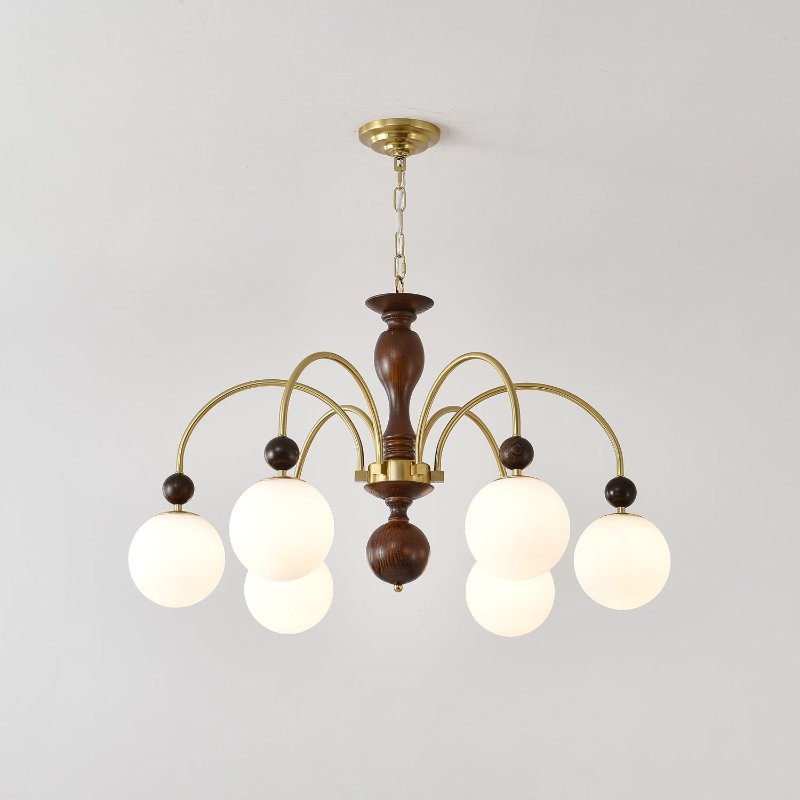 Archway Walnut Chandelier with Frosted Glass Shades for Dining Room and Living Room