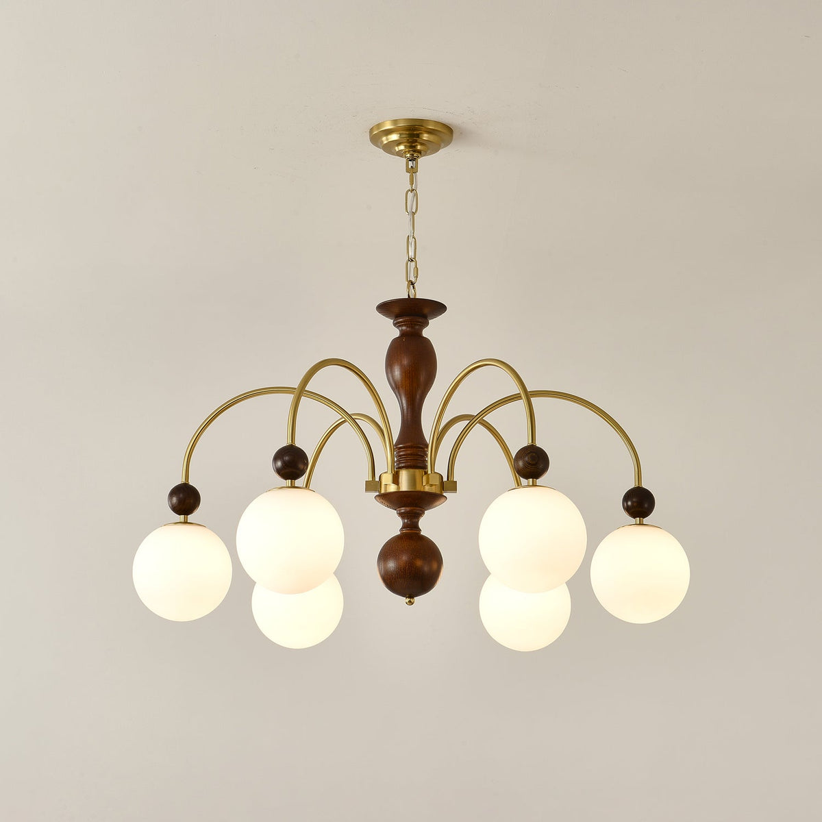 Archway Walnut Chandelier with Frosted Glass Shades for Dining Room and Living Room