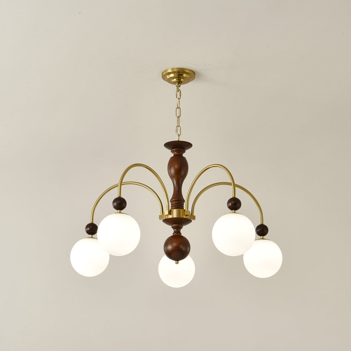 Archway Walnut Chandelier with Frosted Glass Shades for Dining Room and Living Room
