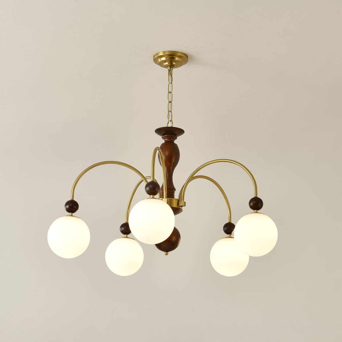 Archway Walnut Chandelier with Frosted Glass Shades for Dining Room and Living Room