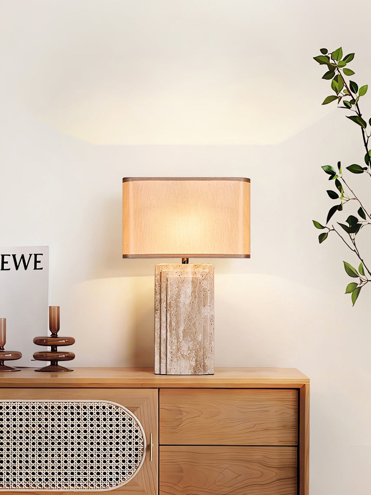Arco Travertine Table Lamp – Sculptural Stone & Fabric Ambient Light