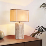 Arco Travertine Table Lamp – Sculptural Stone & Fabric Ambient Light