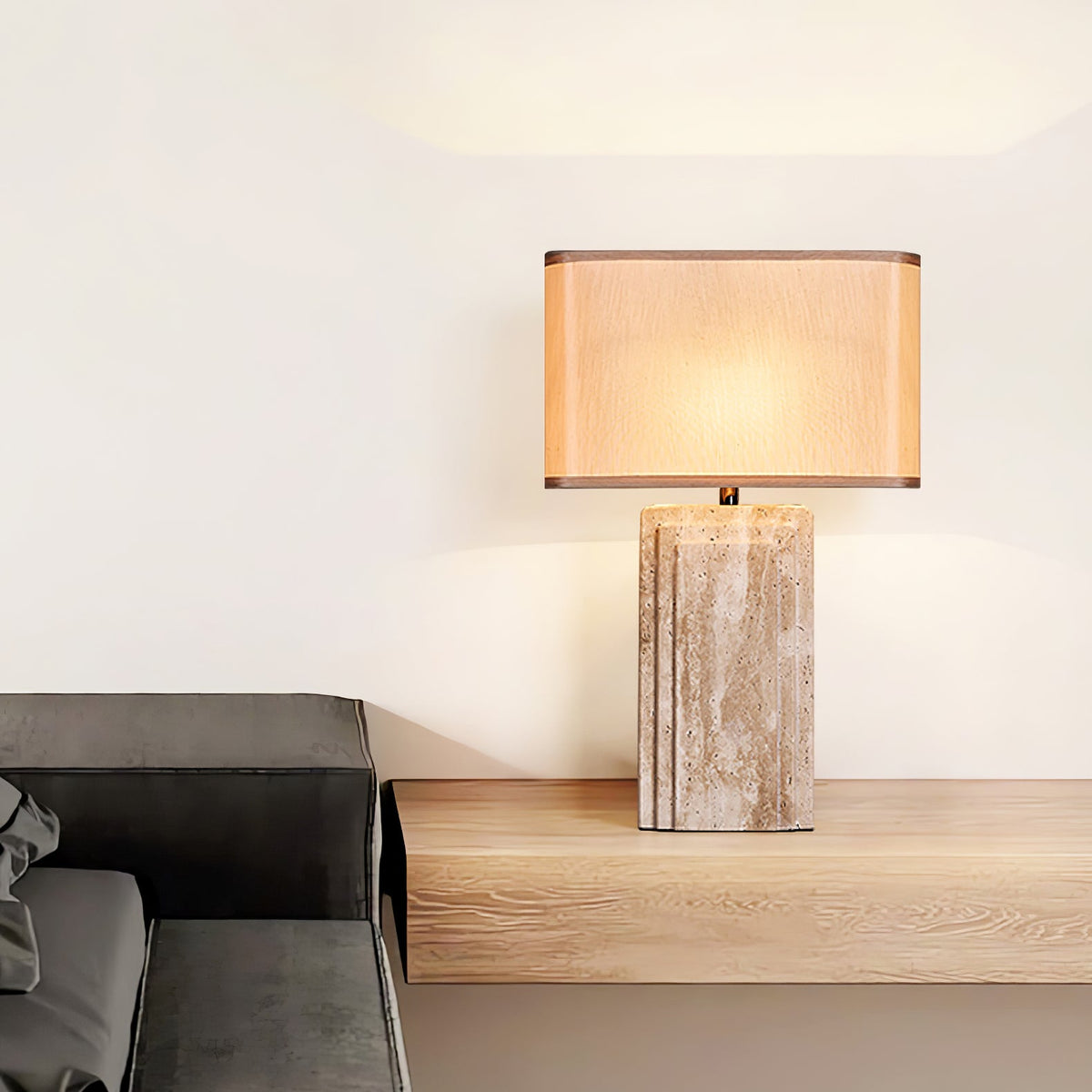 Arco Travertine Table Lamp – Sculptural Stone & Fabric Ambient Light