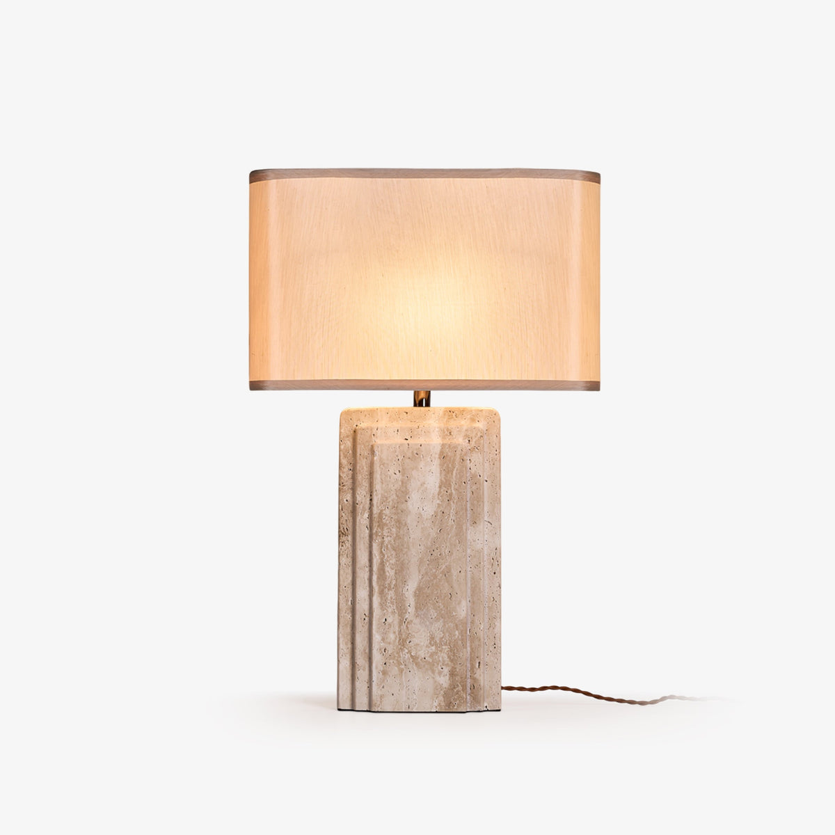 Arco Travertine Table Lamp – Sculptural Stone & Fabric Ambient Light