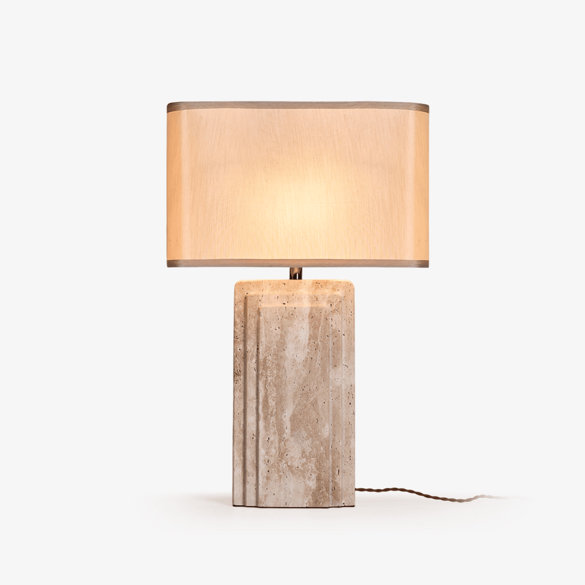 Arco Travertine Table Lamp – Sculptural Stone & Fabric Ambient Light
