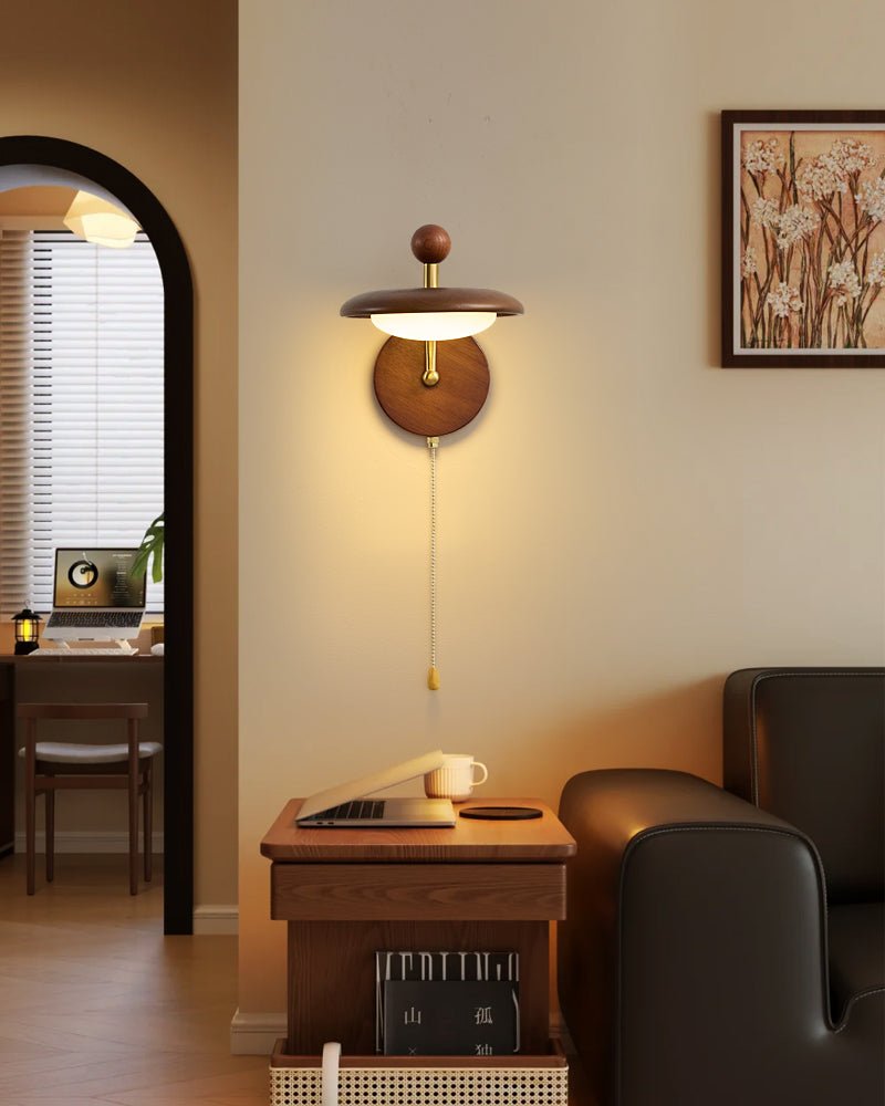 Arcwood Saucer Wall Sconce in Walnut and Brass