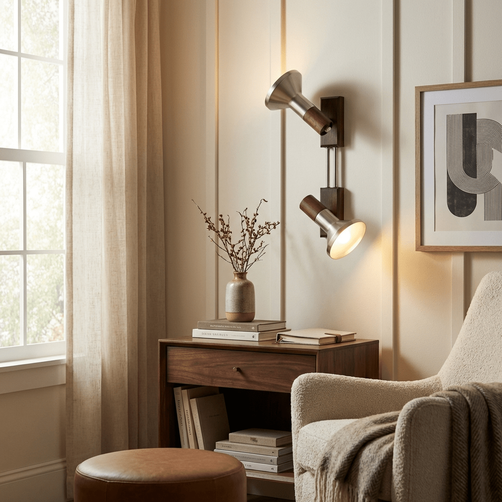 Ardell Dual Spotlight Wall Sconce in Walnut and Nickel
