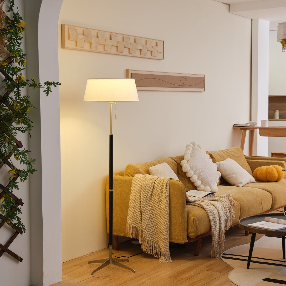 Ardell Modern Floor Lamp with Fabric Shade and Brass Accents