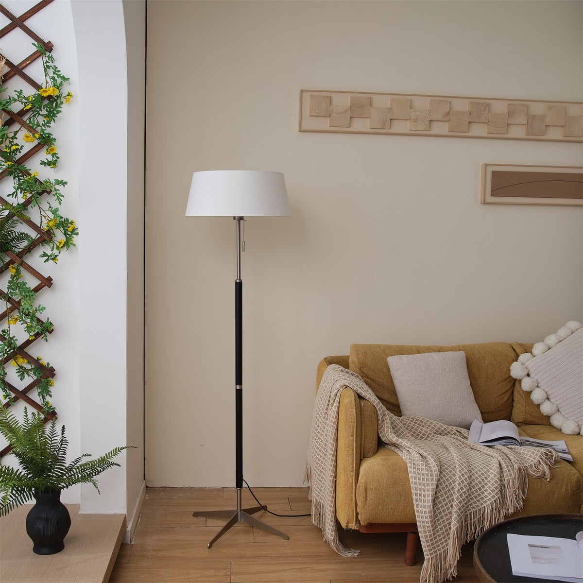 Ardell Modern Floor Lamp with Fabric Shade and Brass Accents