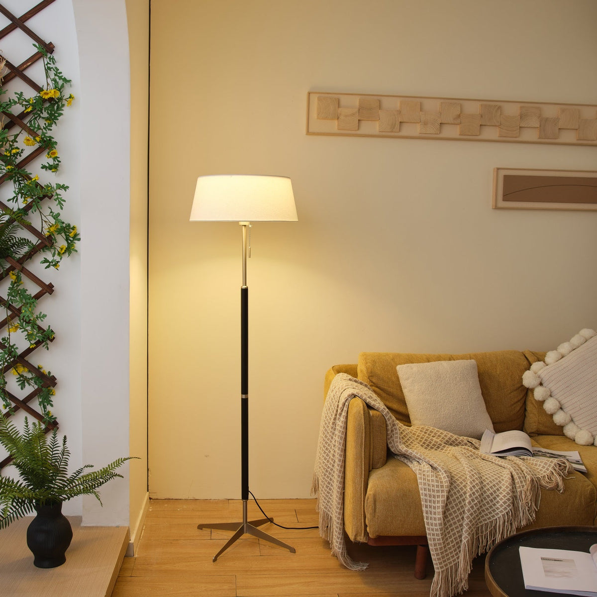 Ardell Modern Floor Lamp with Fabric Shade and Brass Accents