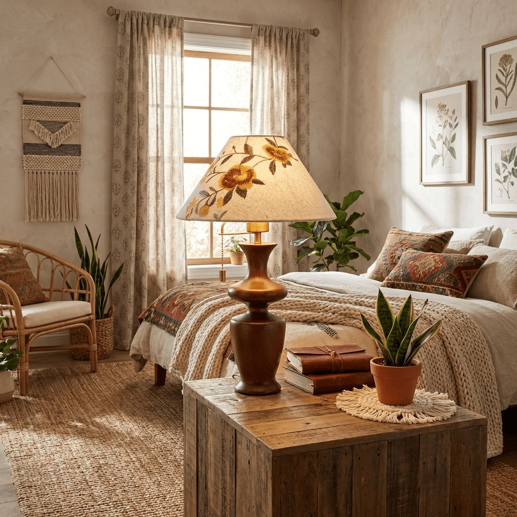 Arden Bloom Table Lamp – Walnut Wood & Floral Fabric Shade