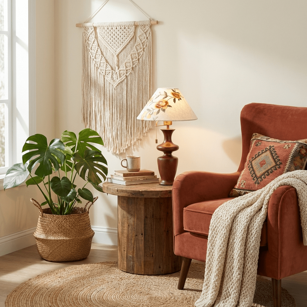 Arden Bloom Table Lamp – Walnut Wood & Floral Fabric Shade